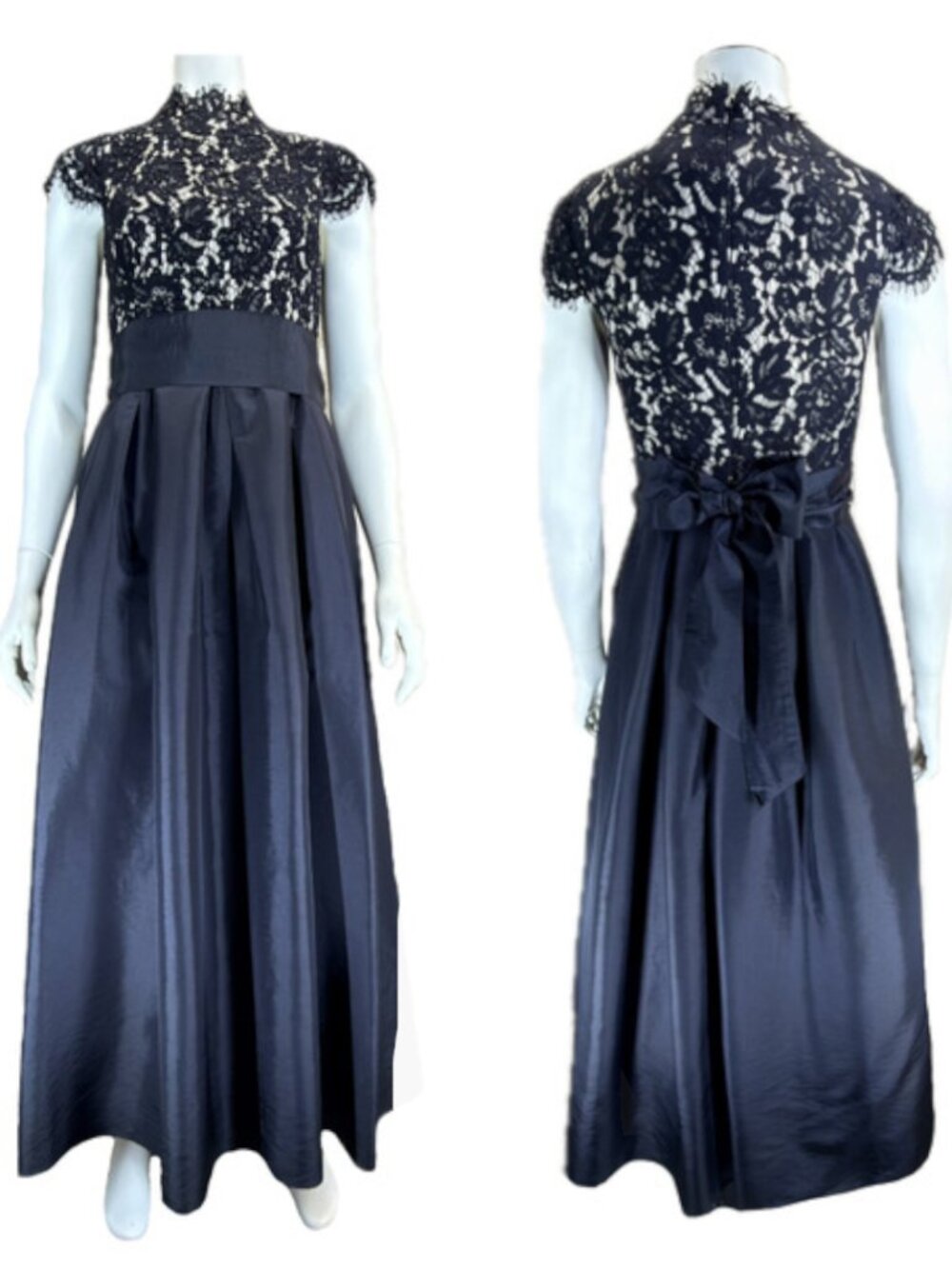 Eliza J Black Dress Size 6P Beaded Bodice Taffeta Gown Cap Sleeves Lace Formal